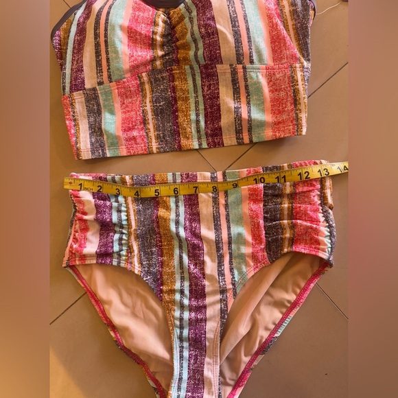 Free Country Striped Retro Bikini Swimsuit front High Waist High Cut Legs S-4/6 - Picture 7 of 14
